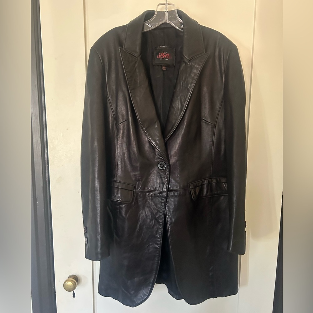 Vintage black leather long jacket tuxedo cut